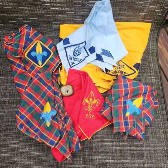 Vintage Neckerchief Scarf Boy Scout America Cub BSA Eagle Weeblo Plaid Slide Lot - Picture 1 of 5